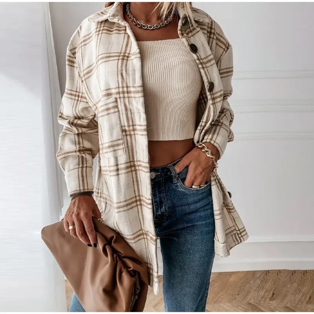 #30 tan cream plaid soft button down flannel long sleeve top light shacket - Picture 4 of 7